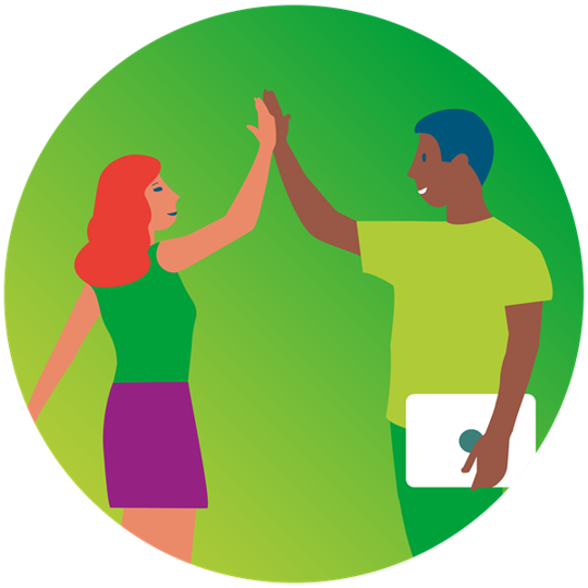 A man and woman share a high five, symbolizing teamwork and mutual achievement in a lively atmosphere.