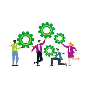 graphic of several people holding up green gears