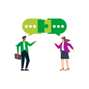 graphic of two people oming to an understanding pictured by a puzzle piece coming together in communicationa